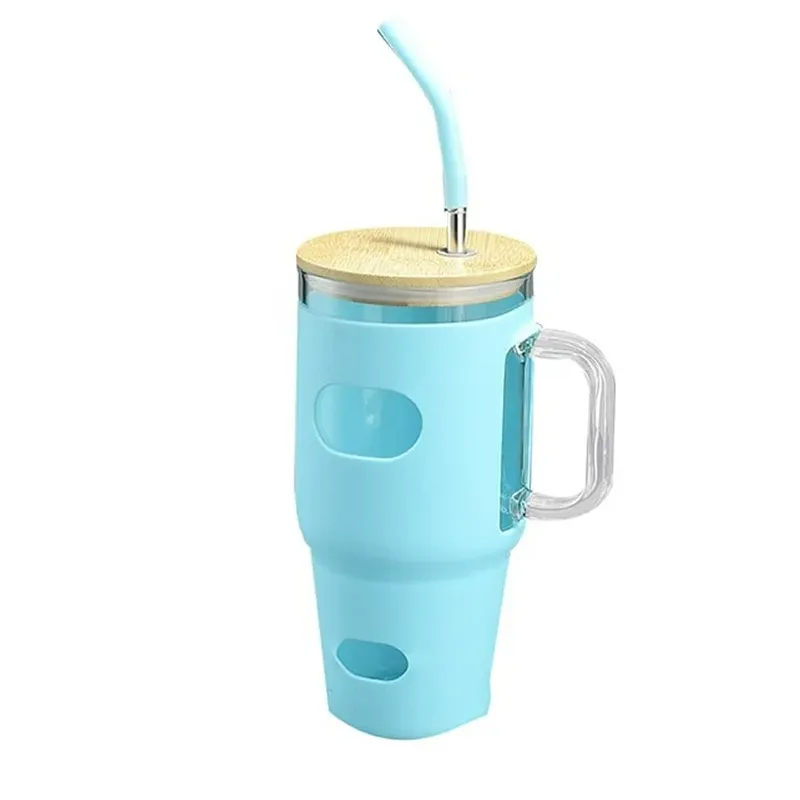 1.1L Reusable Glass Tumbler Cup With Bamboo Lid And Straw If-96 Blue