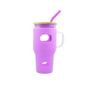 1.1L Reusable Glass Tumbler Cup With Bamboo Lid And Straw If-96 Pink