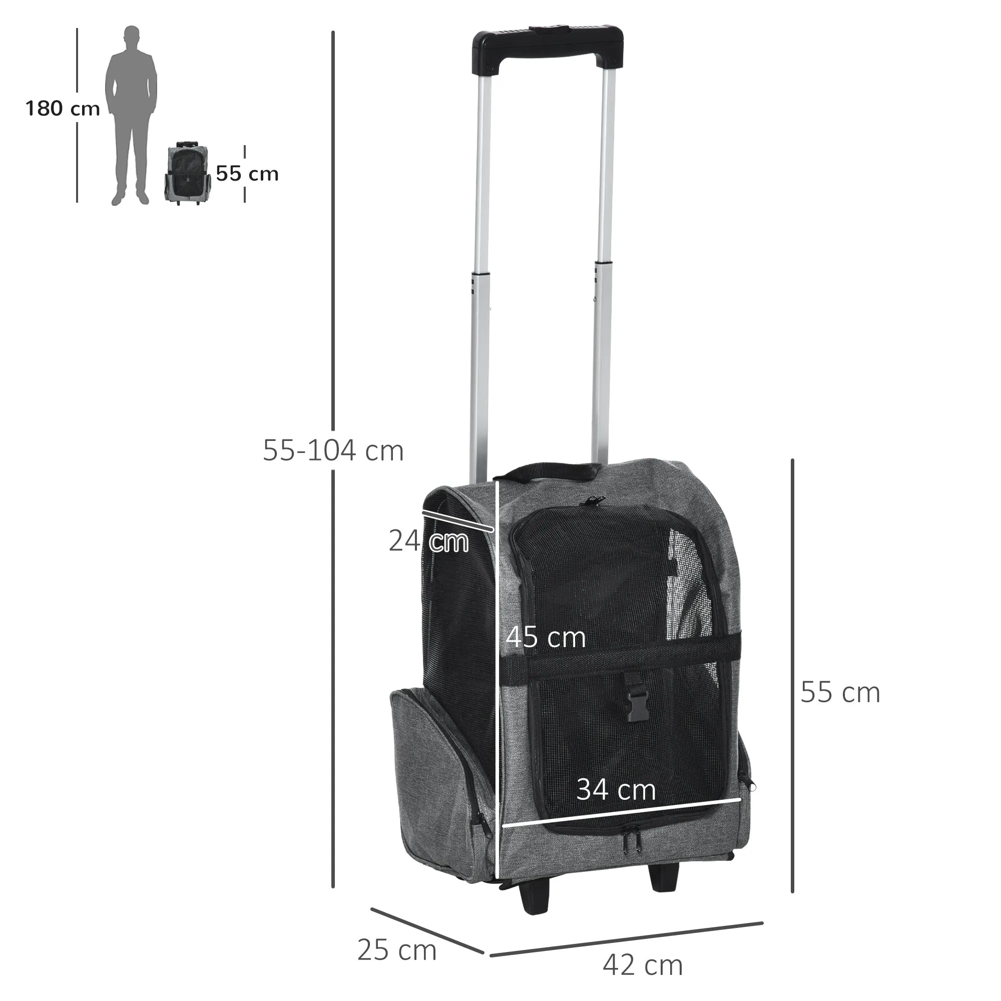 2-In-1 Cat Carrier Backpack w/ Trolley Portable Travel Bag, 42L x 25W x 55H cm - Grey