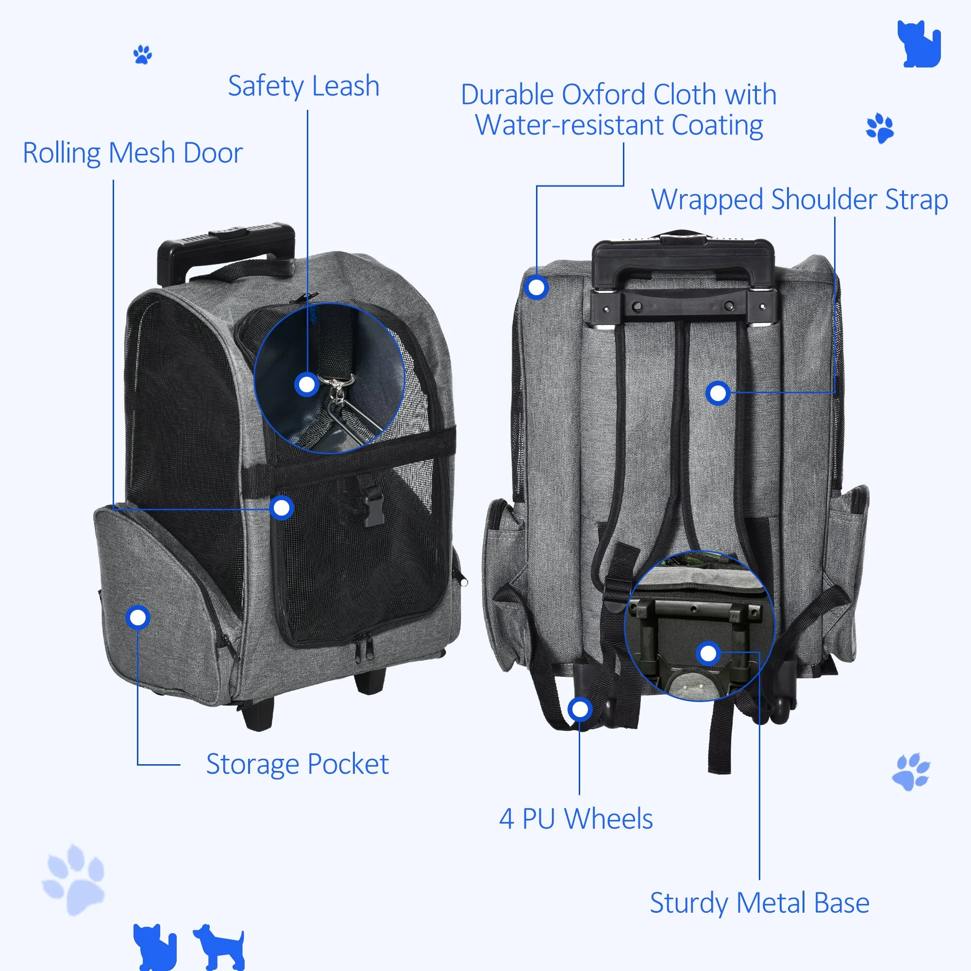 2-In-1 Cat Carrier Backpack w/ Trolley Portable Travel Bag, 42L x 25W x 55H cm - Grey