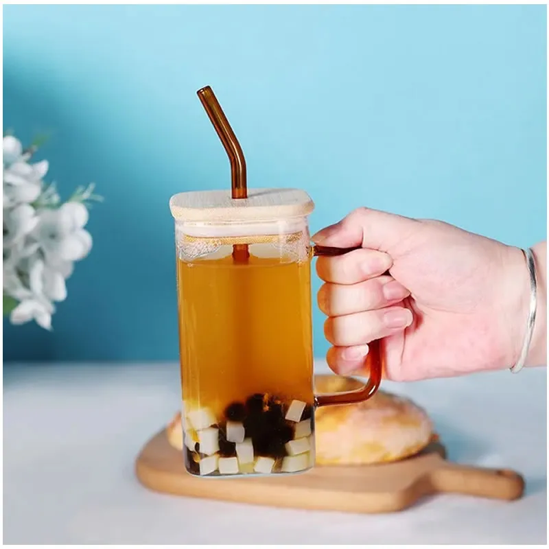 350Ml Square Glass Mug And Straw With Bamboo Lid Lzy-6