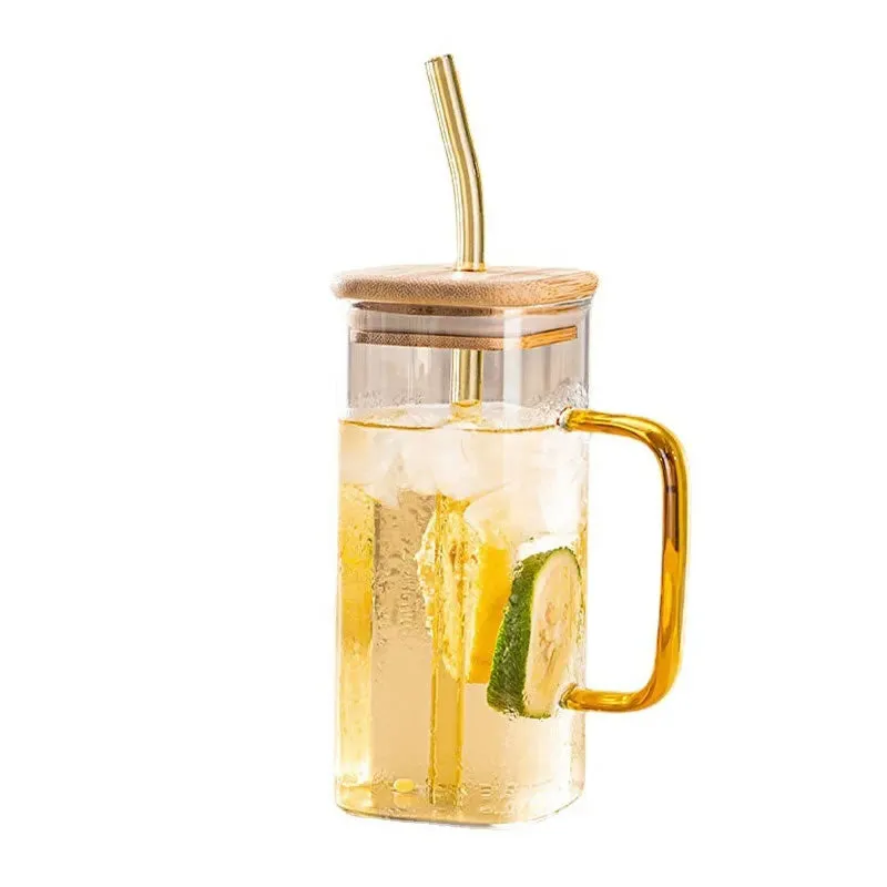 350Ml Square Glass Mug And Straw With Bamboo Lid Lzy-6