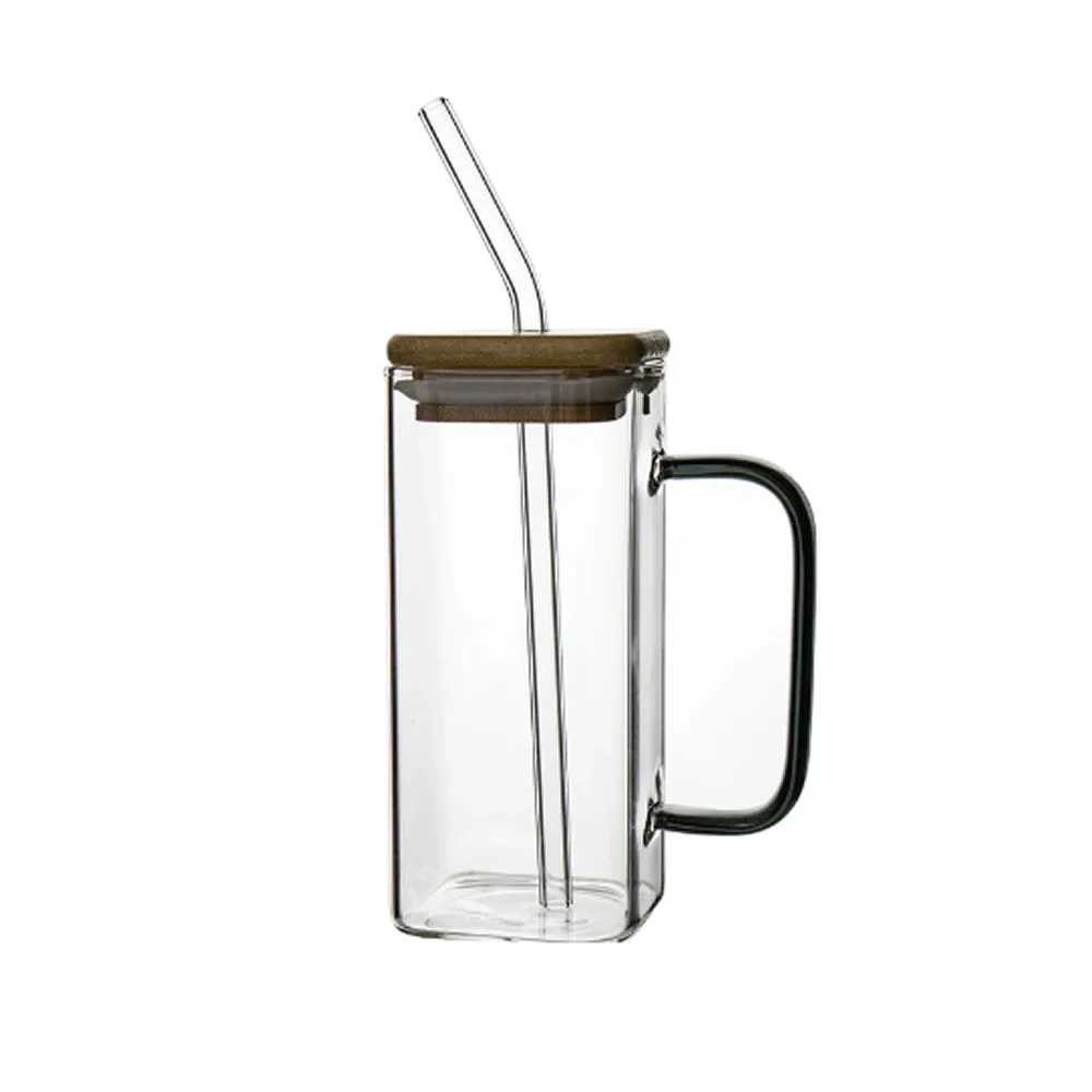 350Ml Square Glass Mug And Straw With Bamboo Lid Lzy-6