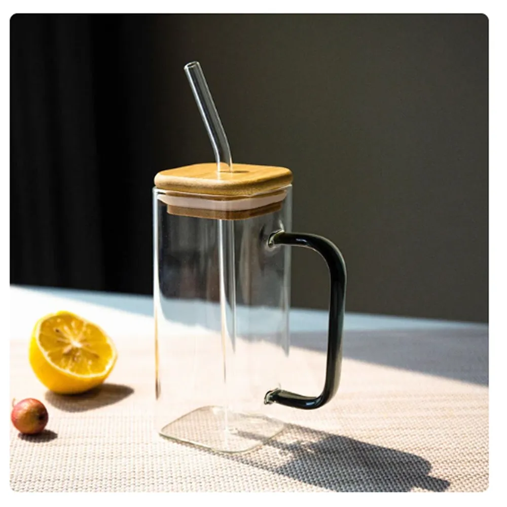 350Ml Square Glass Mug And Straw With Bamboo Lid Lzy-6