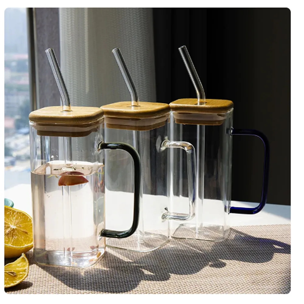 350Ml Square Glass Mug And Straw With Bamboo Lid Lzy-6