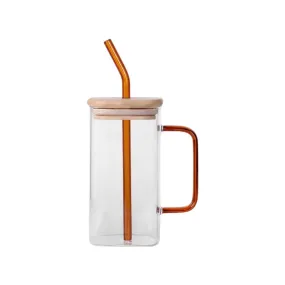 350Ml Square Glass Mug And Straw With Bamboo Lid Lzy-6