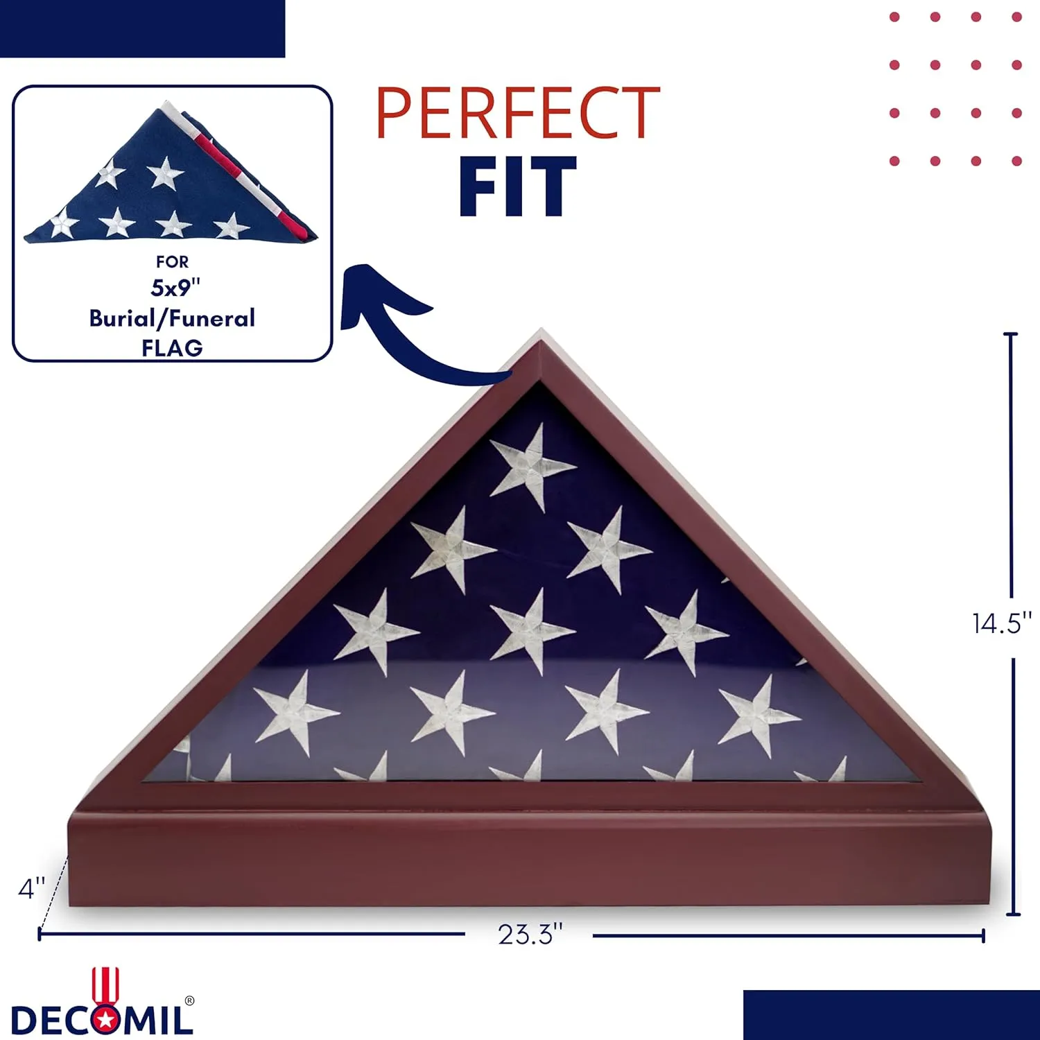 Burial Flag Display Case with Pedestal - Solid Wood Cherry Finish for 5x9 Flags