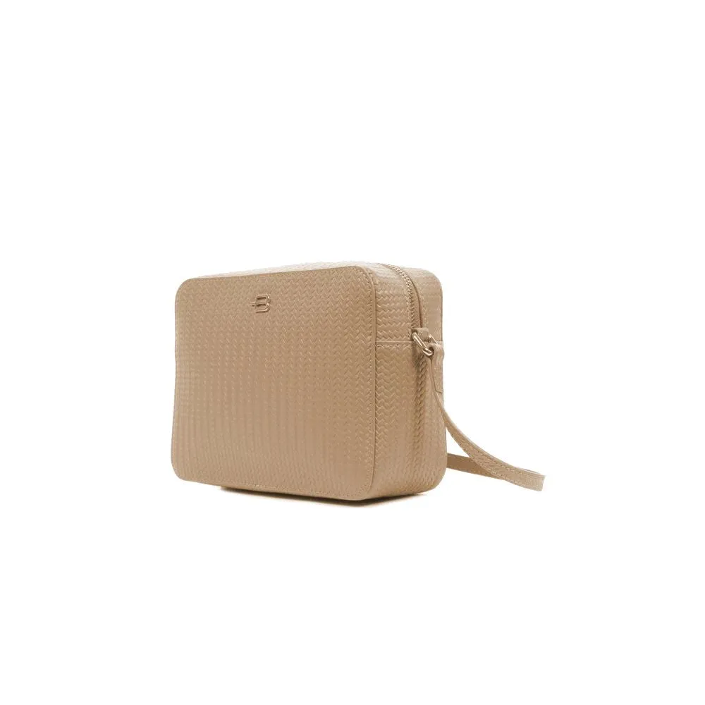 Chic Beige Calfskin Camera Bag with Woven Motif