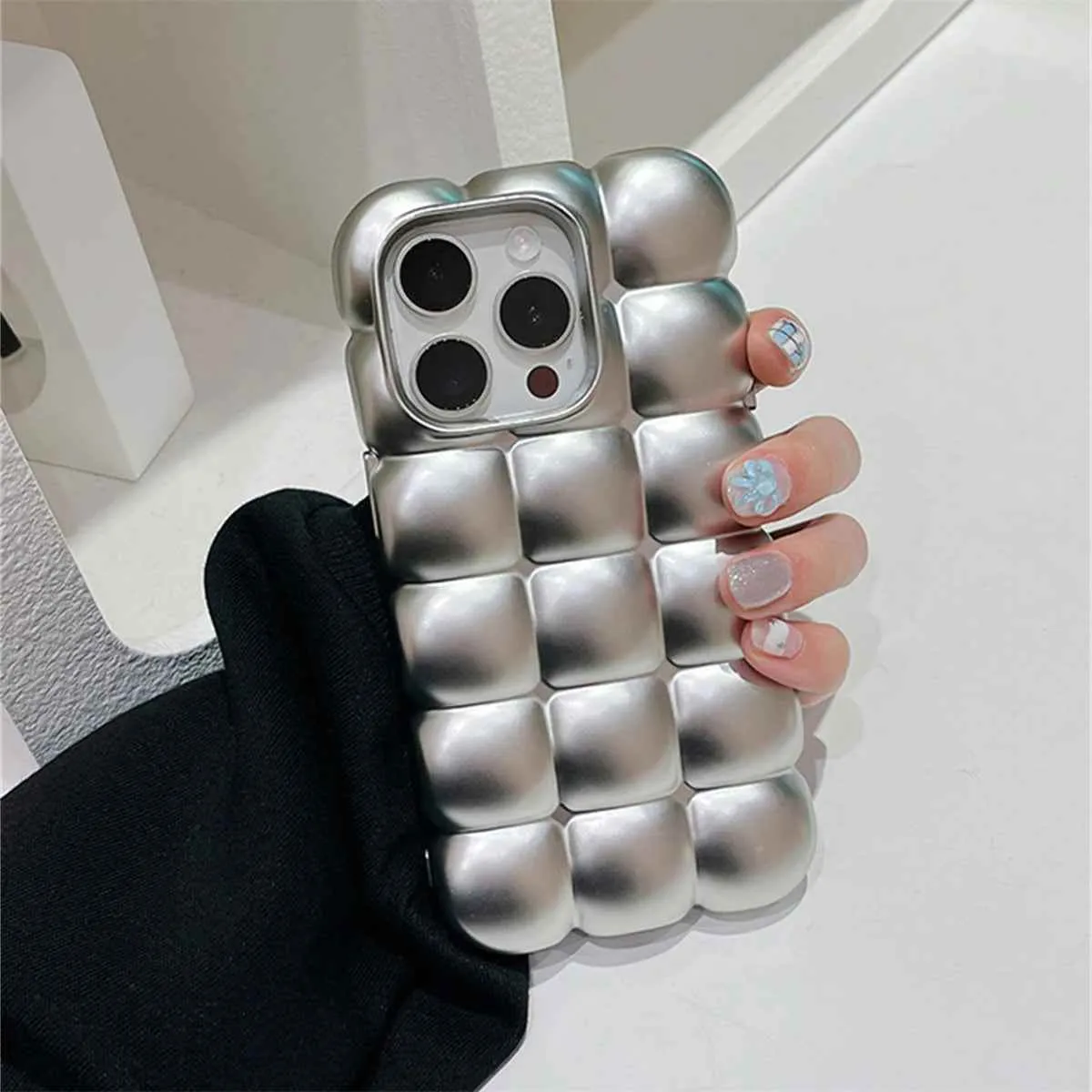 Cute Phone Cases for iPhone 15, 14, 13, 12, and 11 Pro Max - Metal Silver - Stylish Lattice - TSP282