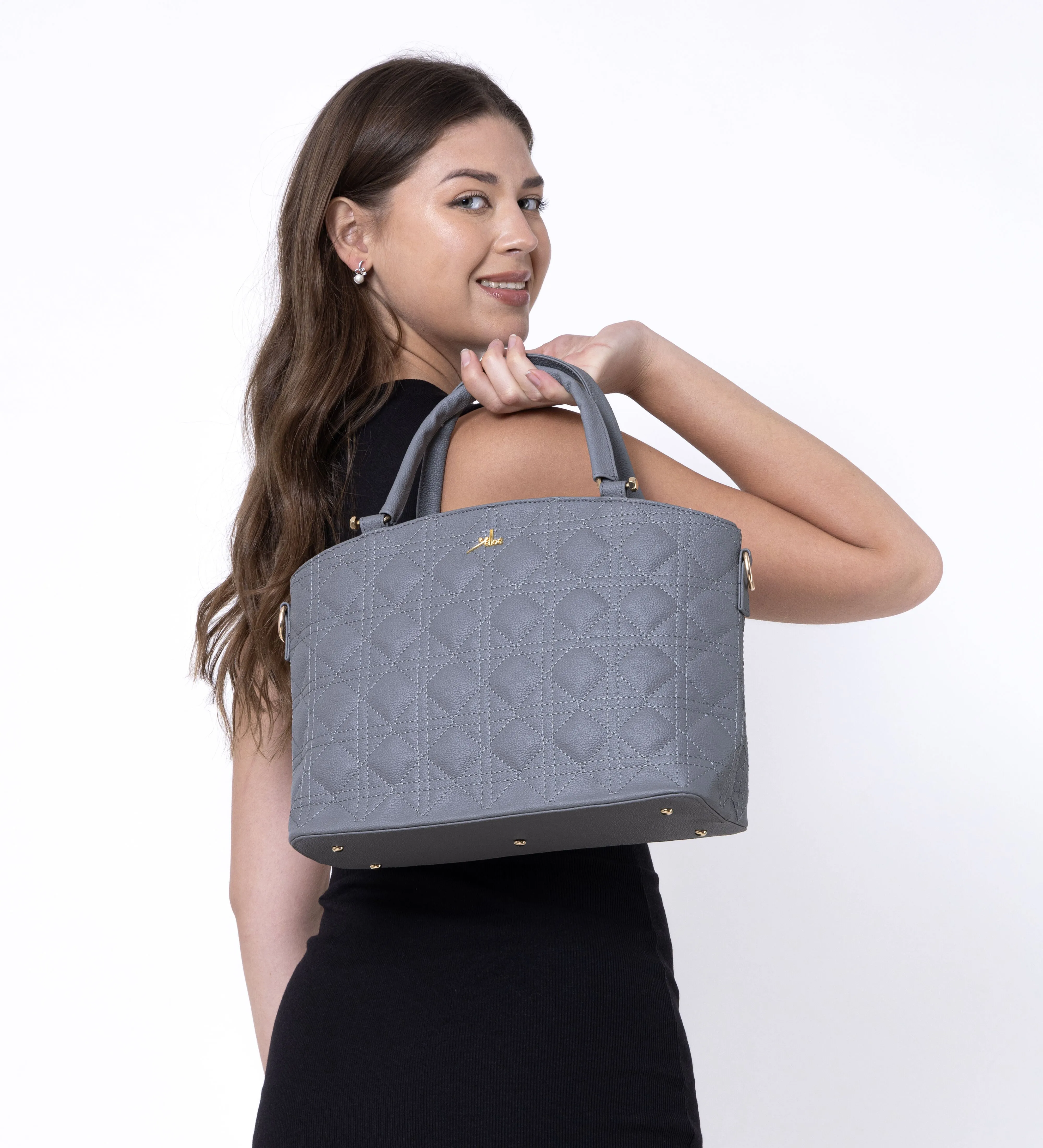 Grey Spacious Quilted Hand Bag