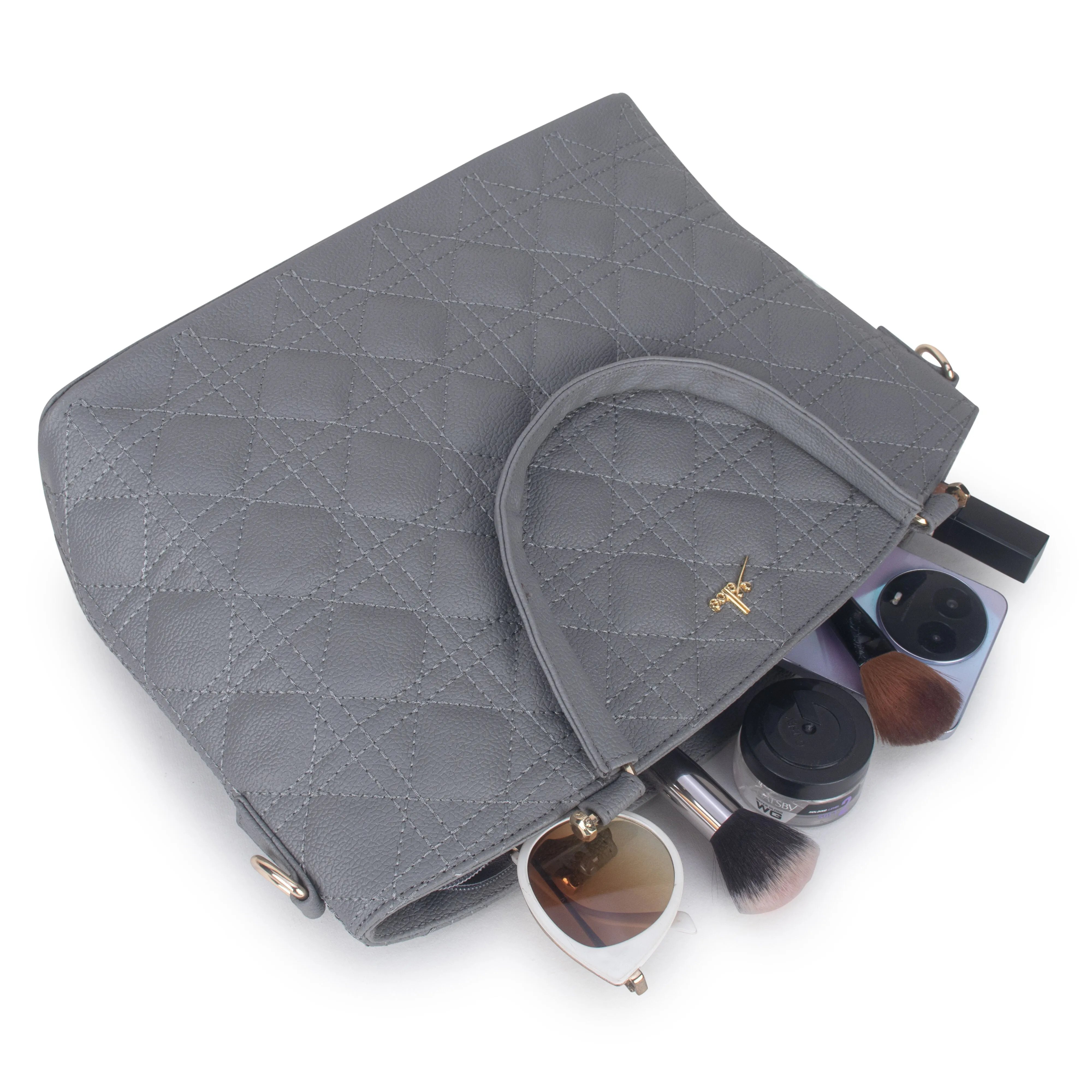 Grey Spacious Quilted Hand Bag