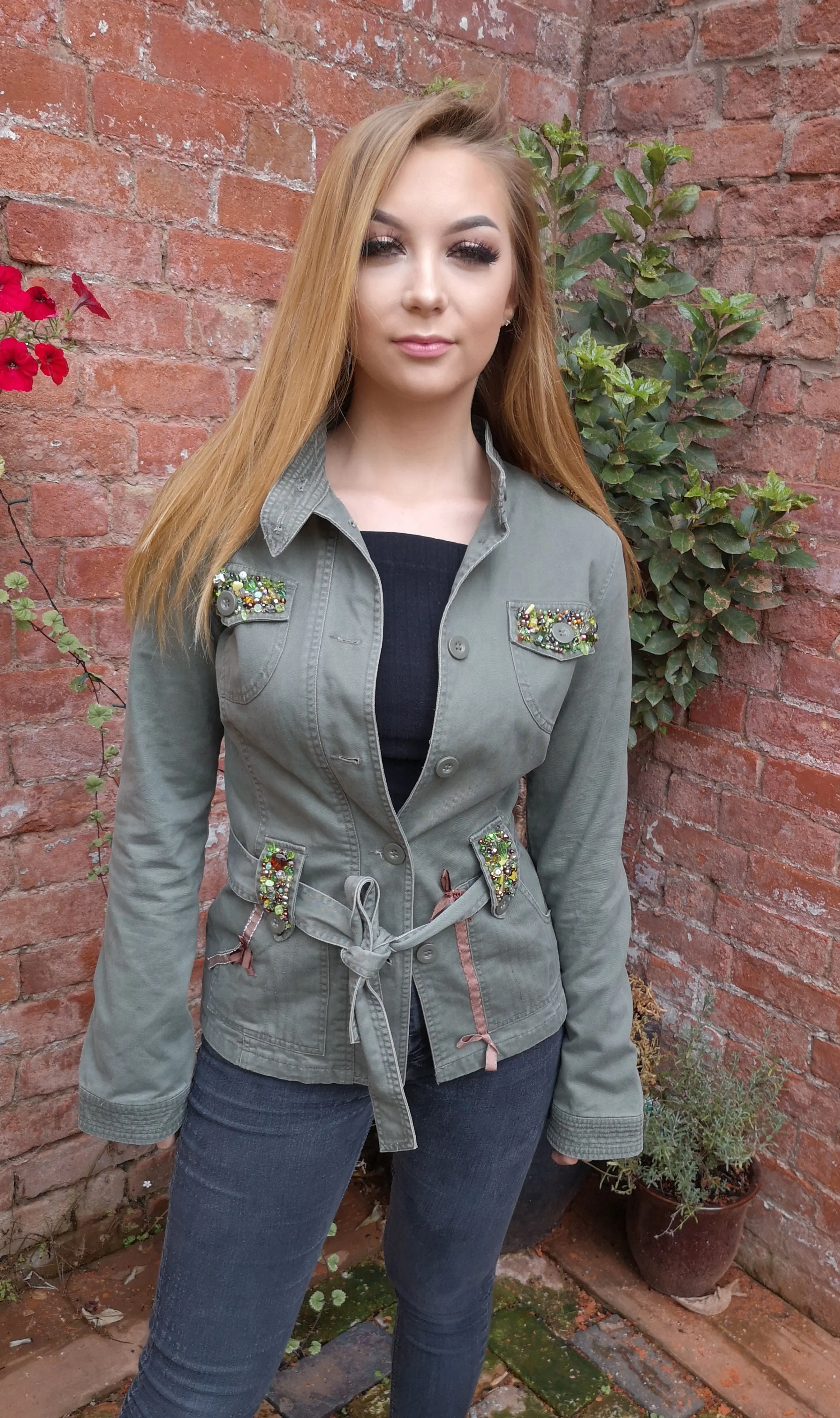 Khaki up-cycled, boho, festival, beaded jacket, ladies size small (UK 8)