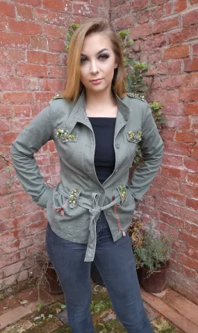 Khaki up-cycled, boho, festival, beaded jacket, ladies size small (UK 8)