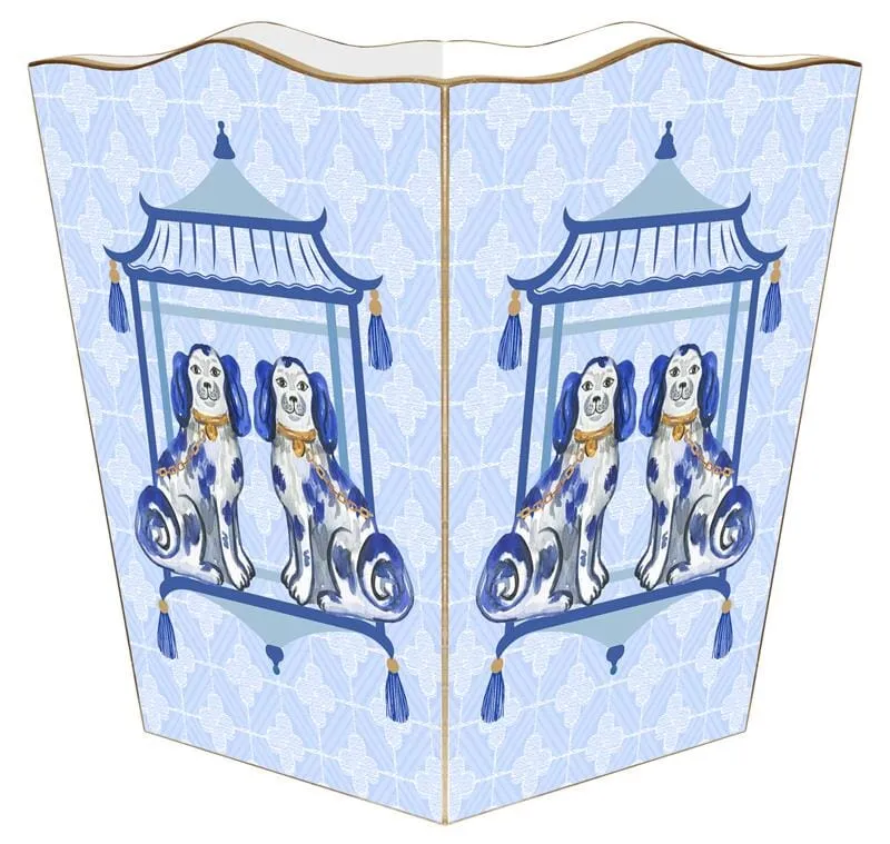 Staffordshire Chic Dogs on Blue Wastebasket