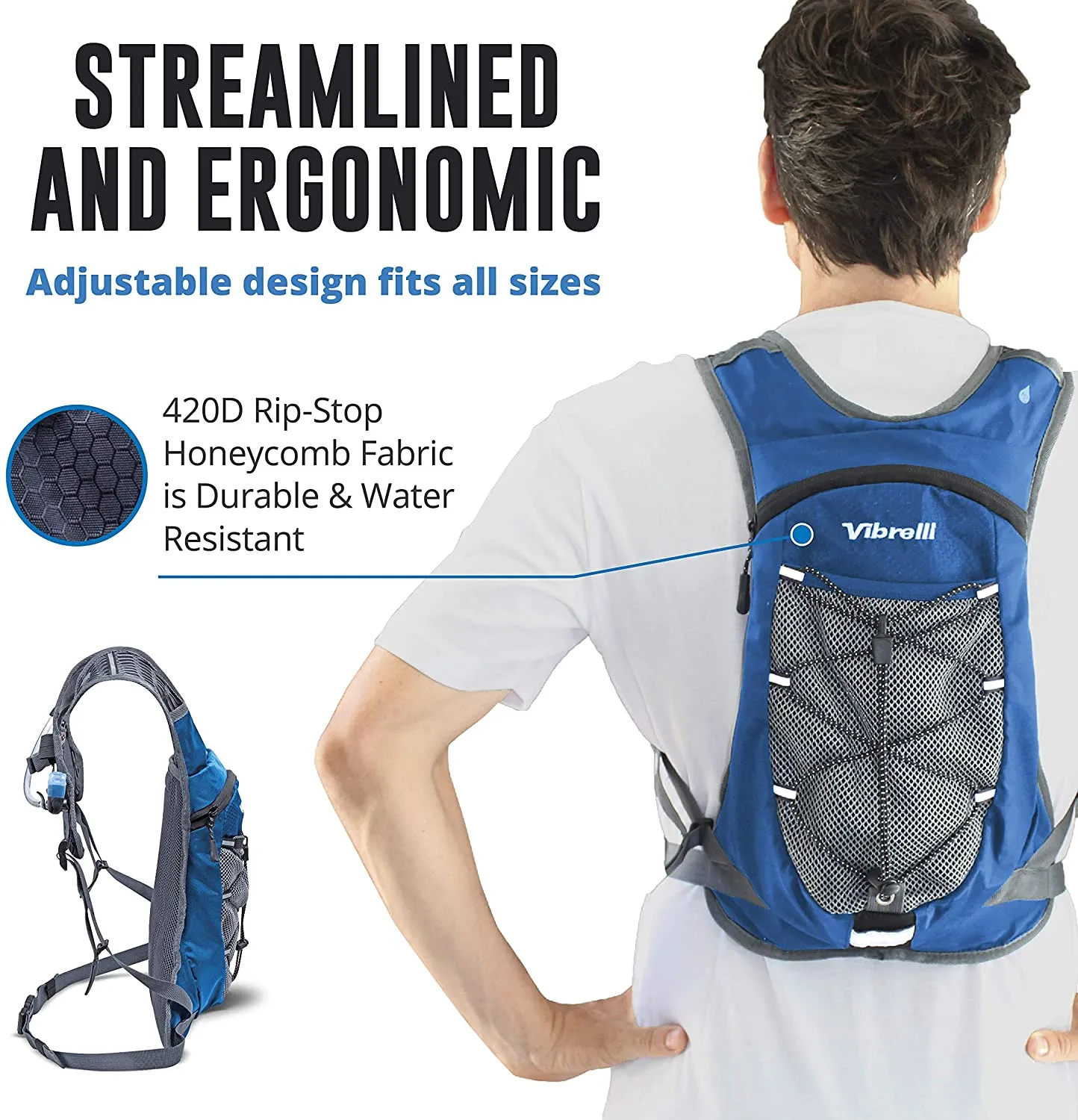 Vibrelli Hydration Pack & 2L Hydration Water Bladder - High Flow Bite Valve - Hydration Backpack with Storage - Lightweight Running Backpack, Also for Cycling, Hiking, Ski, Snow for Men, Women & Kids