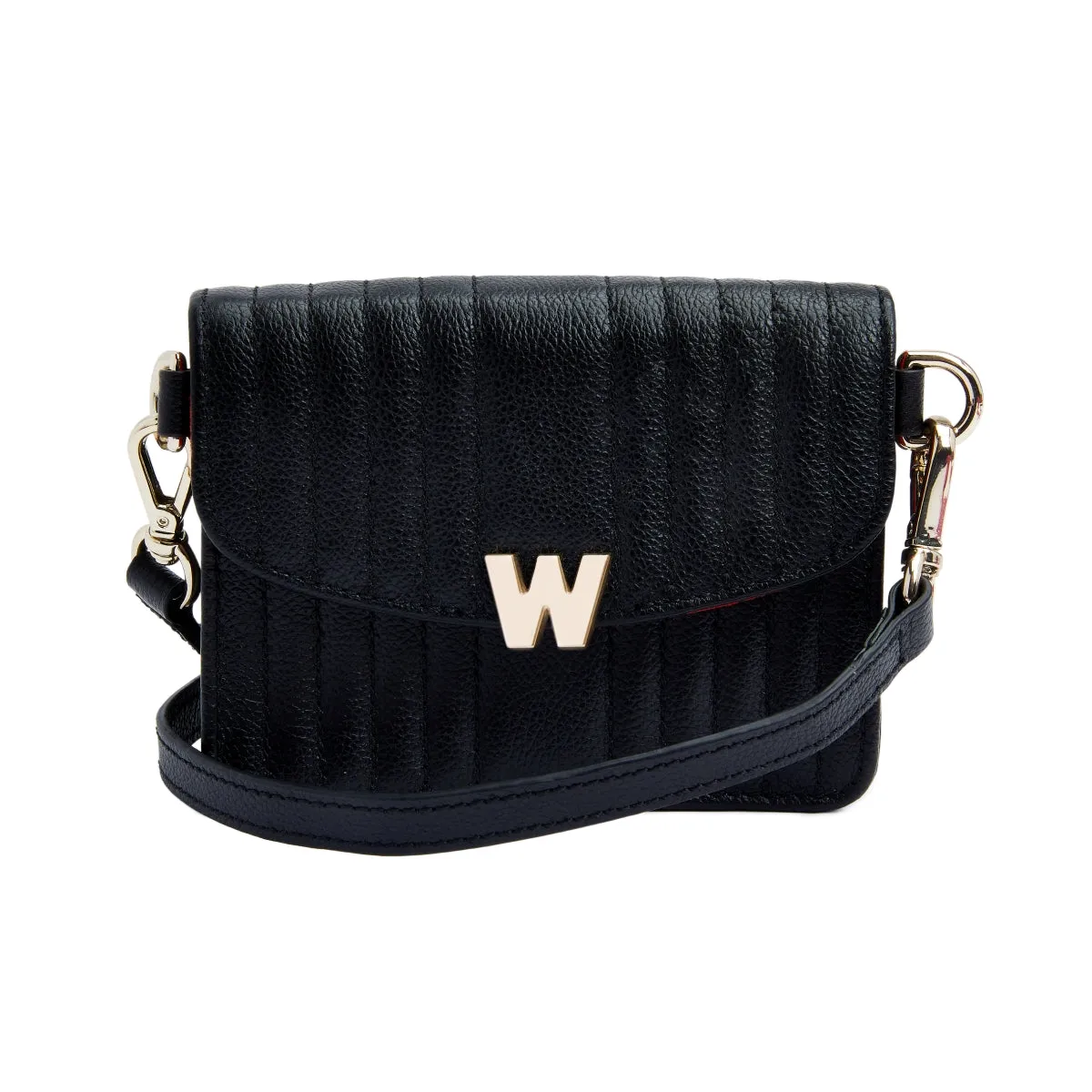 WOF Mimi Collection Leather Black Mini Bag with Wristlet and Lanyard